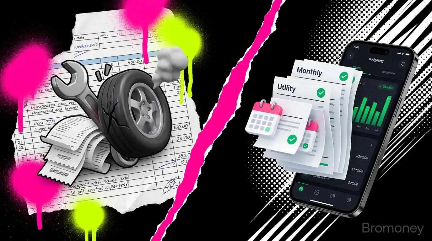 On the left side of the diagonal, symbolizing chaotic One-Time expenses, a stylized glossy 3D rendering of an unexpected car repair wrench and a cracked tire