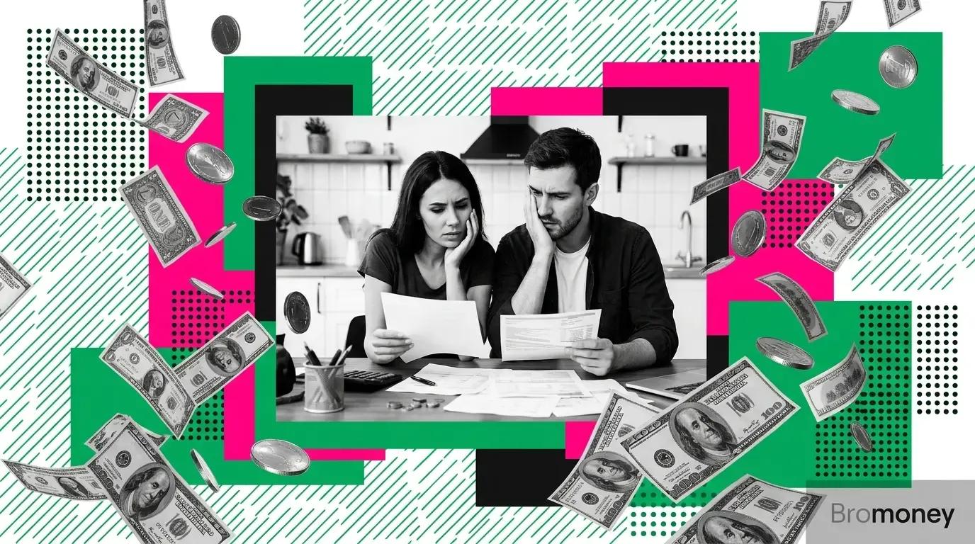 A couple reviewing hidden debt and secret account documents at a kitchen table
