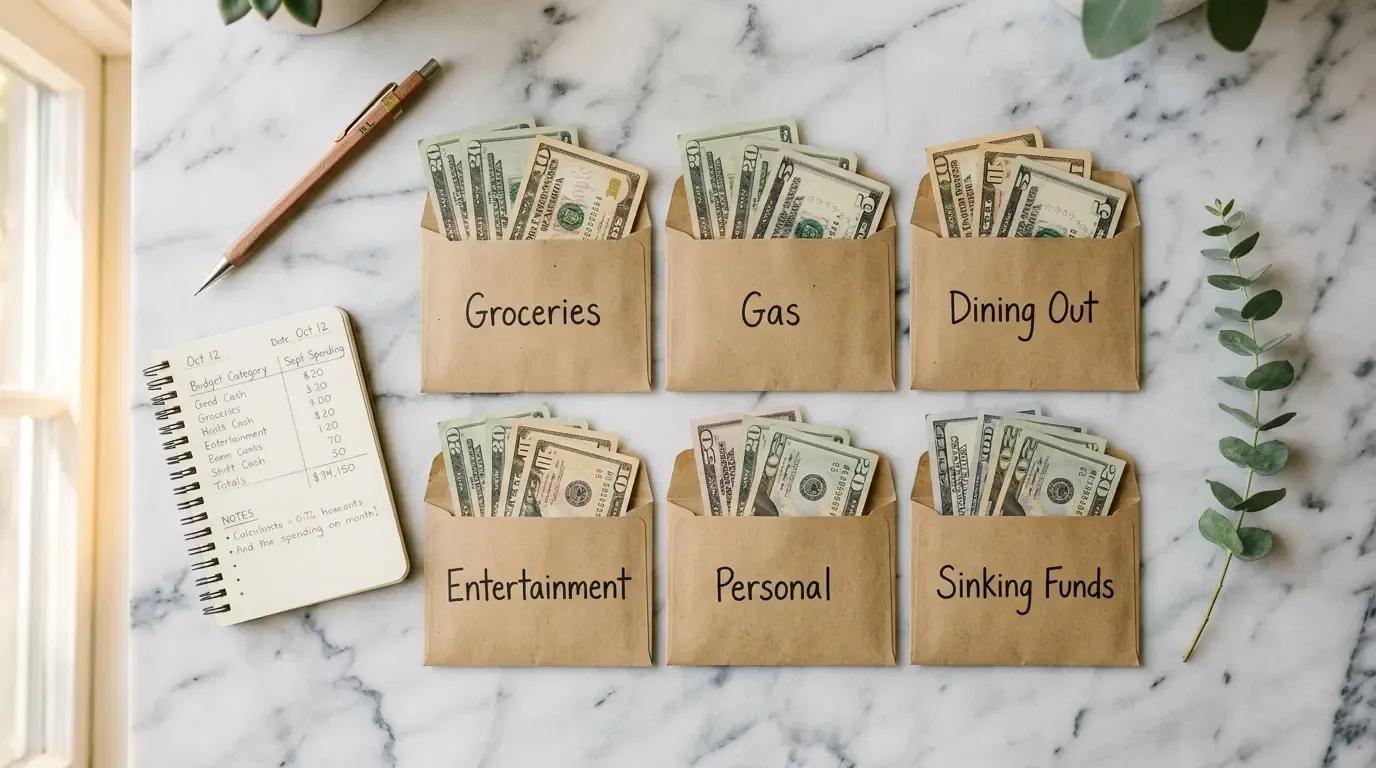 Six labeled kraft paper envelopes with U.S. currency on a white marble surface – illustrating the cash envelope budgeting system