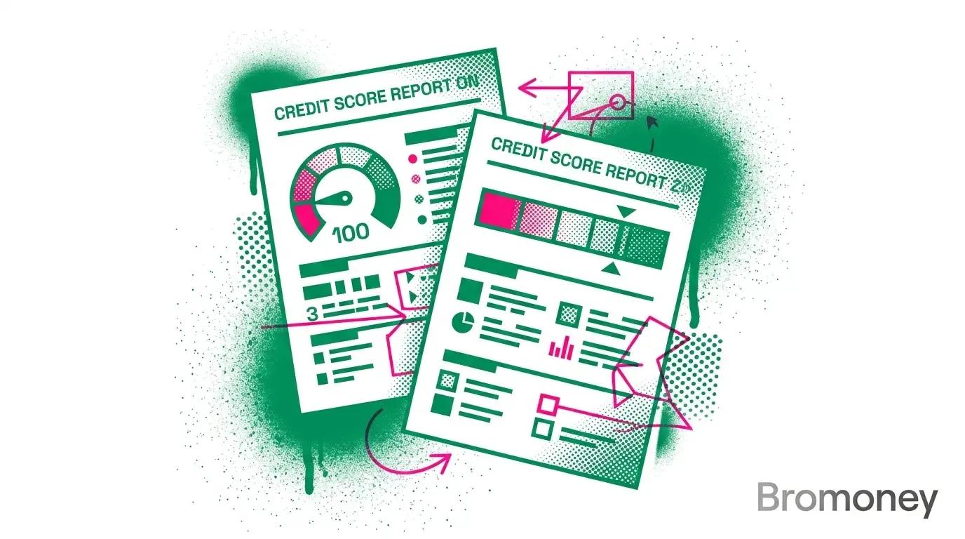 Minimalist illustration of two credit score reports showing different scoring models and bureau data.