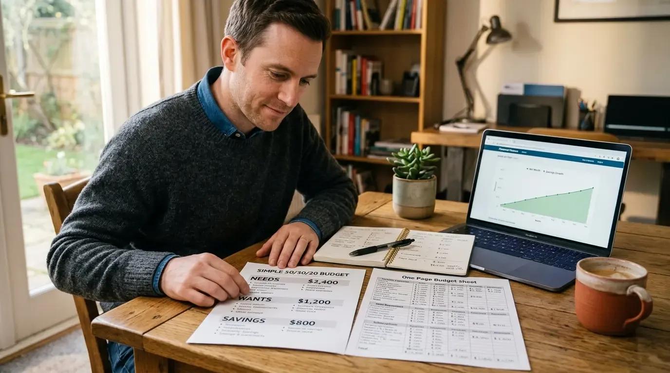 Person reviewing a detailed zero-based budget spreadsheet next to a simple 50/30/20 budget sheet at a home desk