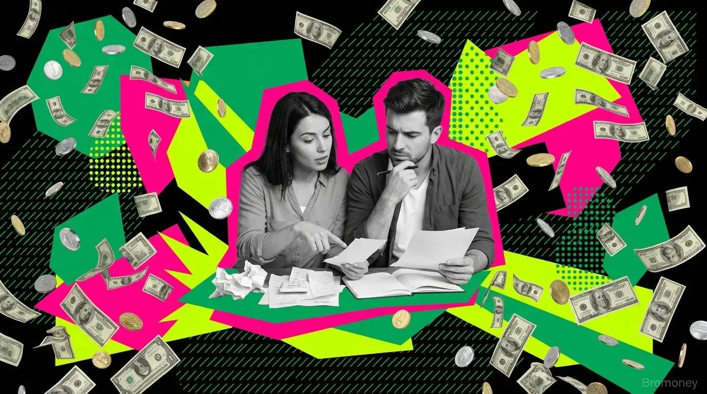 Black and white portrait of a couple comparing shared bills and income-based budgeting options.