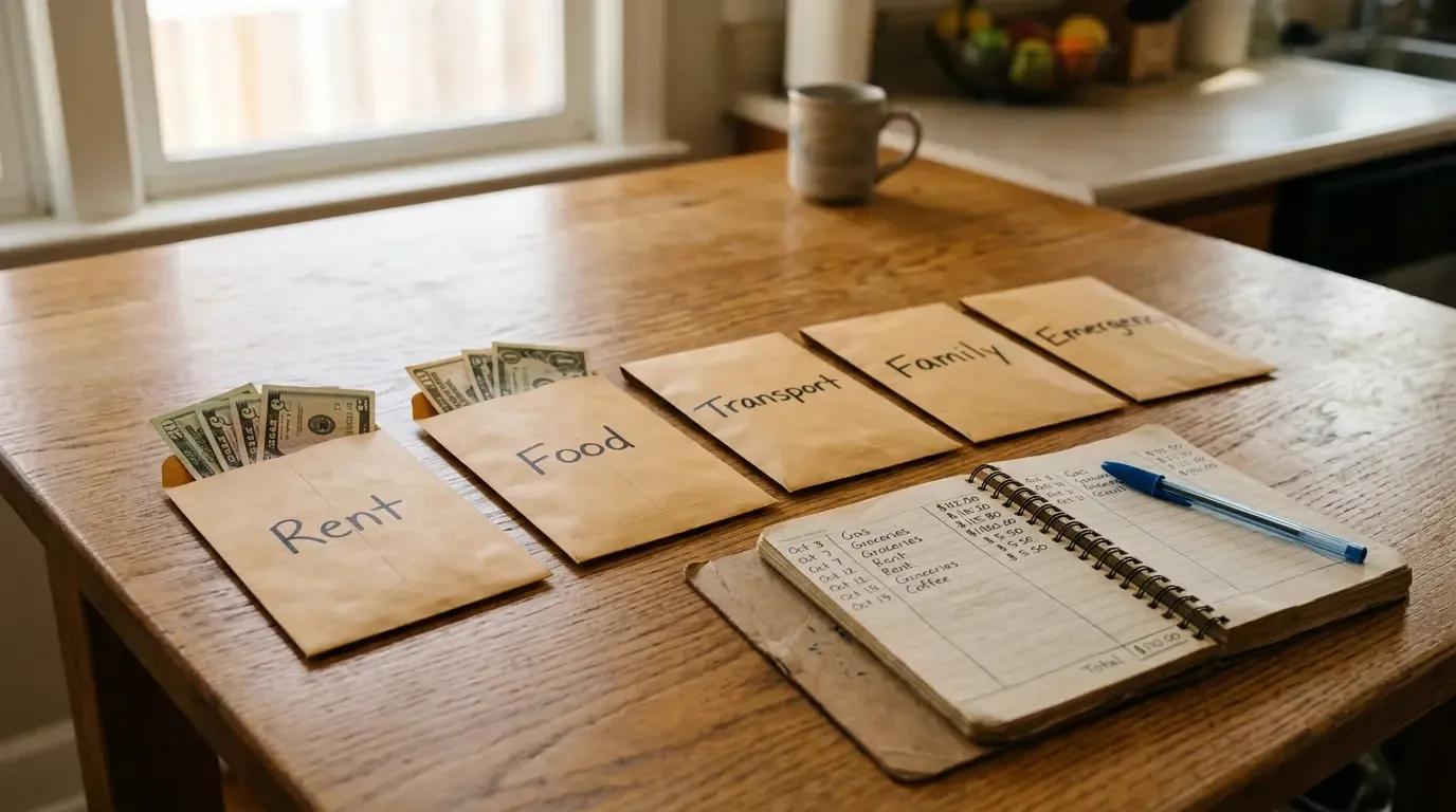 Five labeled kraft paper envelopes for rent, food, transport, family, and emergency fund with U.S. dollar bills on a wooden kitchen table next to a handwritten budget notebook