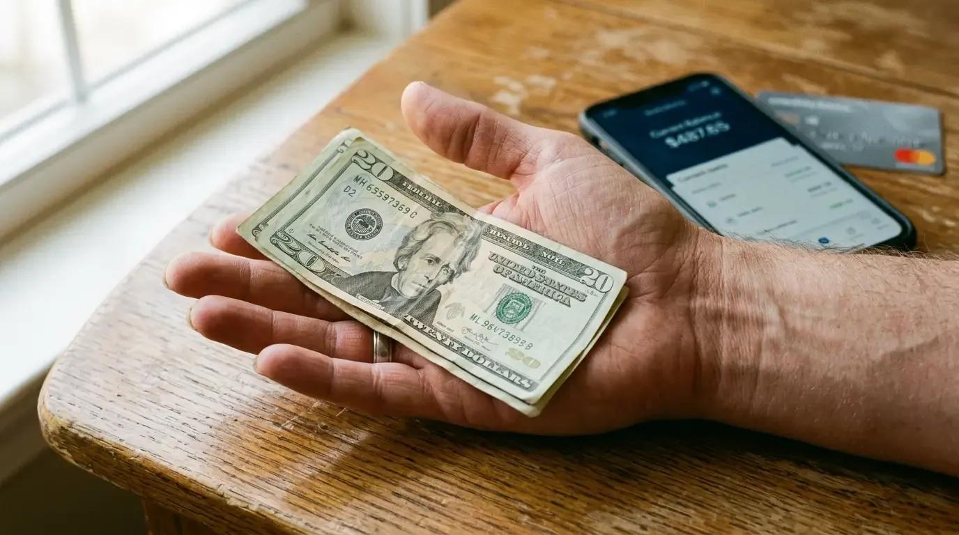 A hand holding folded $20 bills on a wooden table with a smartphone and credit card blurred in the background, illustrating the contrast between physical and digital money