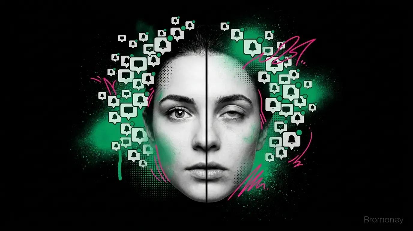 Split-screen illustration of a person's face - one half alert and engaged, the other glazed over, surrounded by a swarm of smartphone push notification badges, representing budget blindness caused by notification fatigue